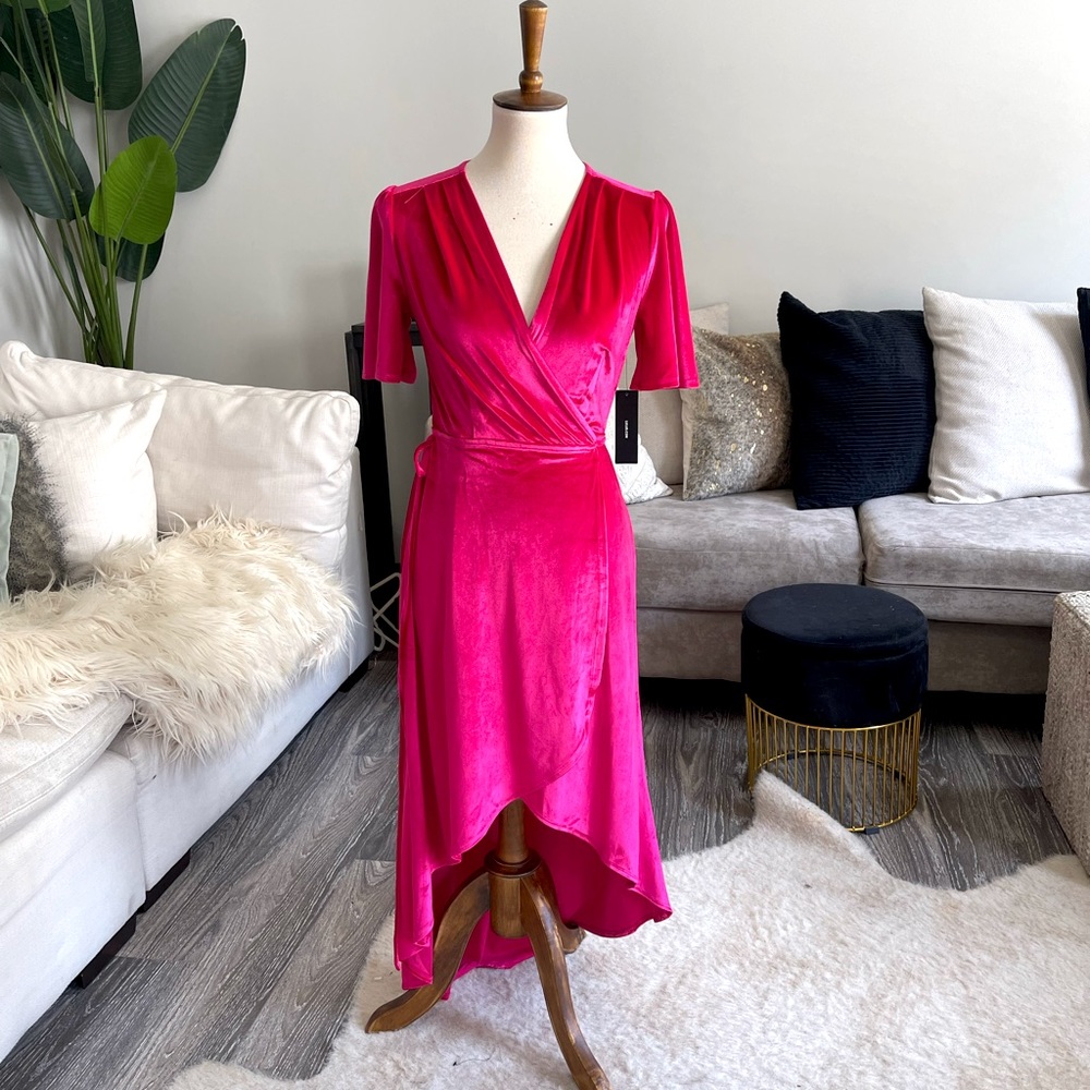 Lulus pink velvet wrap front high low dress